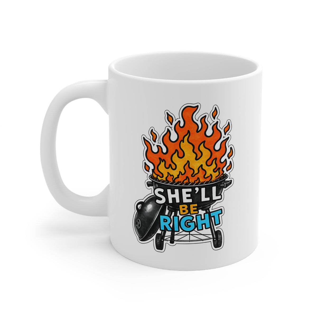 Ceramic Mug — "She'll Be Right" BBQ Grill with Flames