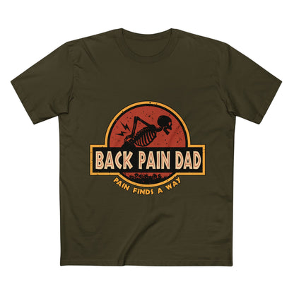 Back Pain Dad T‑Shirt — Funny Skeleton 'Back Pain Dad' Graphic Tee (Pain Finds a Way)