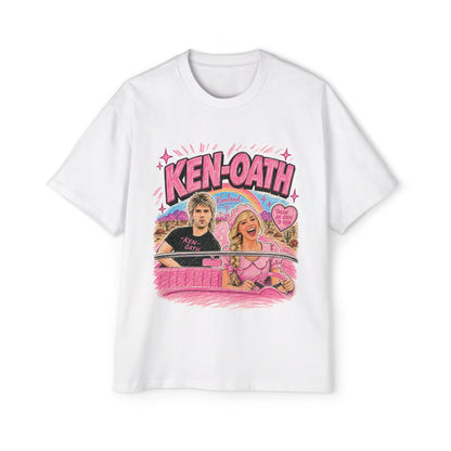 Oversized boxed tee with bright pink retro lettering, hearts and the text Ken-Oath