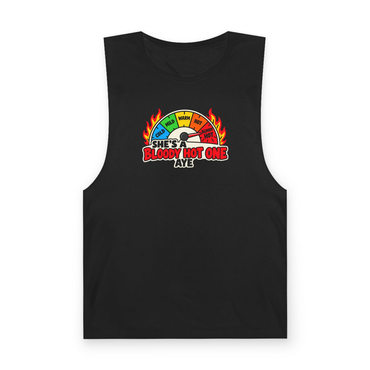 Tank Top — "She's Bloody Hot One Aye" Spicy Heat Gauge Graphic