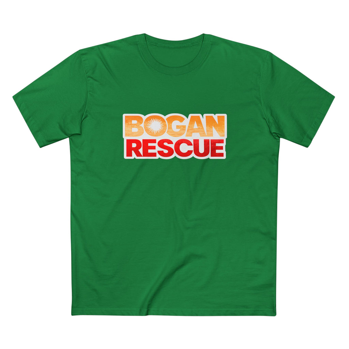 Bogan Rescue Graphic Tee — Bold Retro Text Shirt