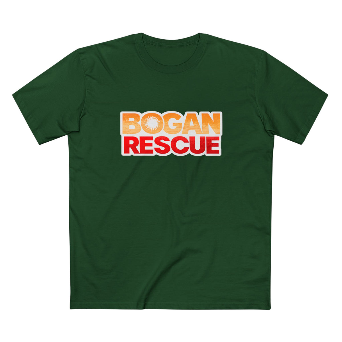 Bogan Rescue Graphic Tee — Bold Retro Text Shirt