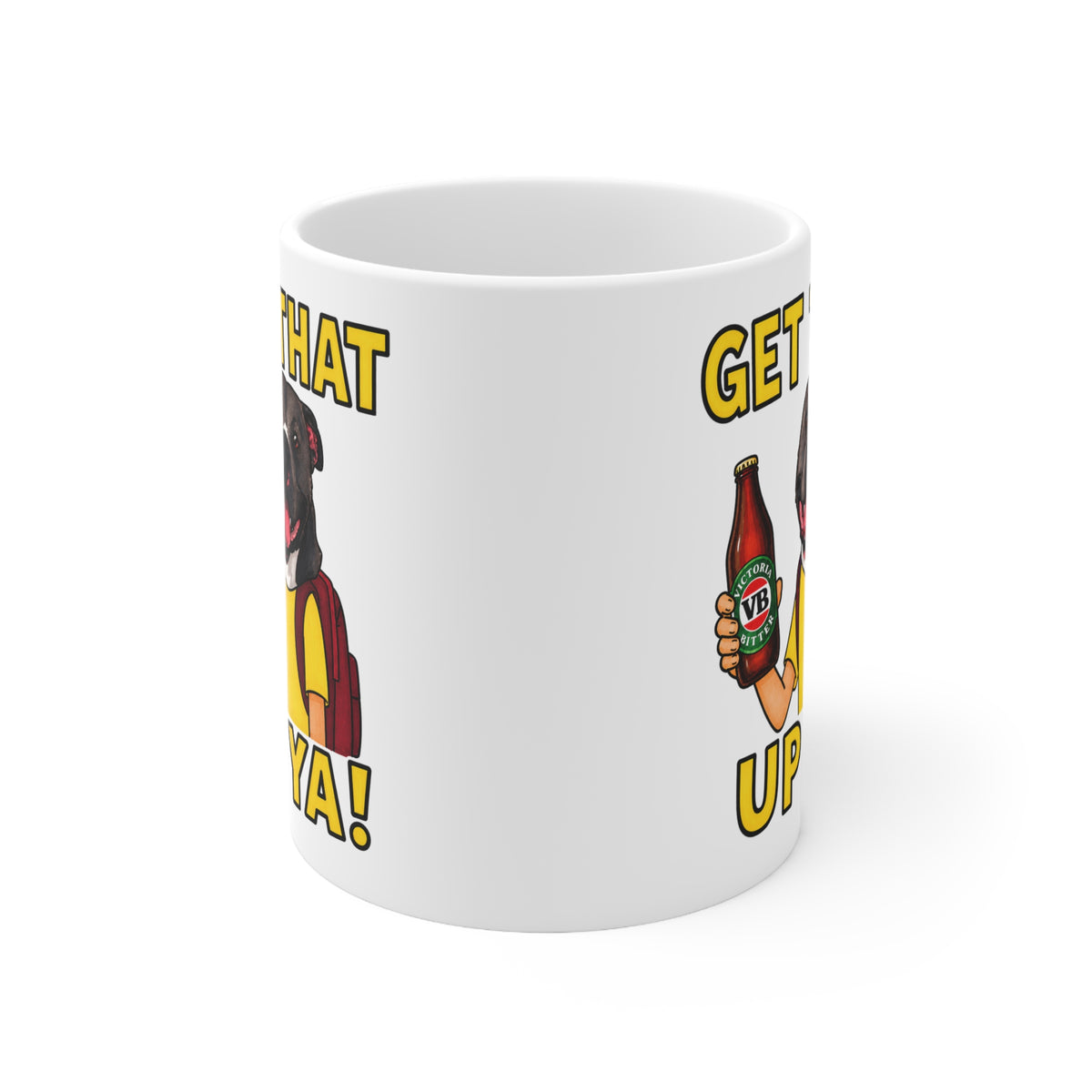 Get That Up Ya! Ceramic Coffee Mug — Funny Dog Holding VB Beer