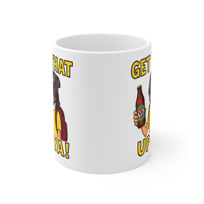 Get That Up Ya! Ceramic Coffee Mug — Funny Dog Holding VB Beer