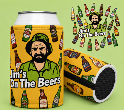 Stubby Cooler — "Jim's On The Beers" Beer Bottle Pattern Can Cooler