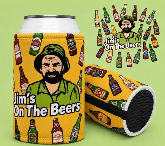 Stubby Cooler — "Jim's On The Beers" Beer Bottle Pattern Can Cooler