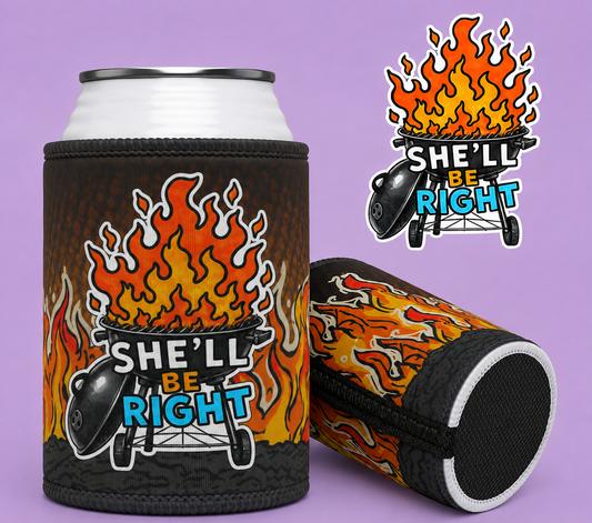 She'll Be Right Flaming Grill Stubby Cooler — Funny BBQ Stubby Holder
