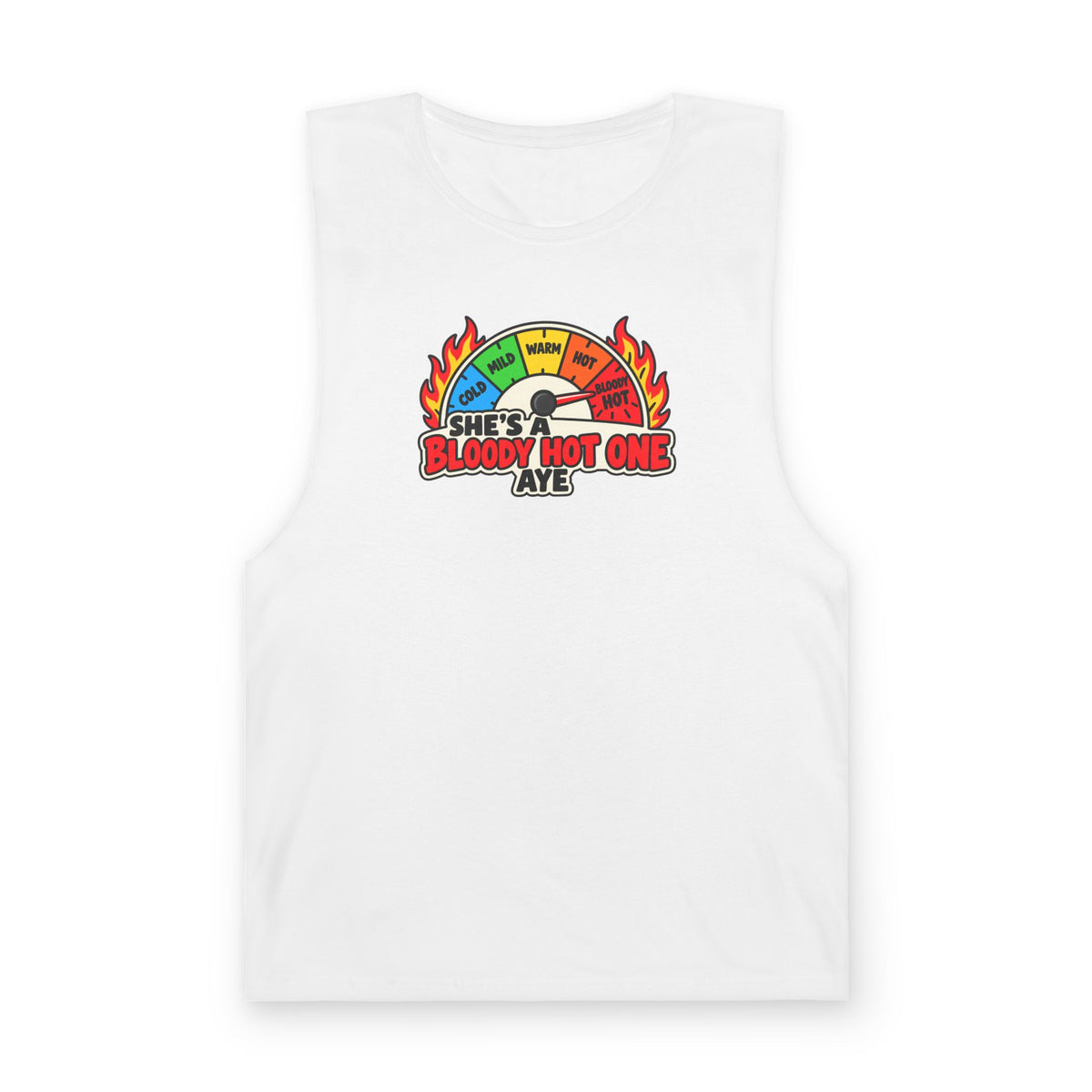 Tank Top — "She's Bloody Hot One Aye" Spicy Heat Gauge Graphic