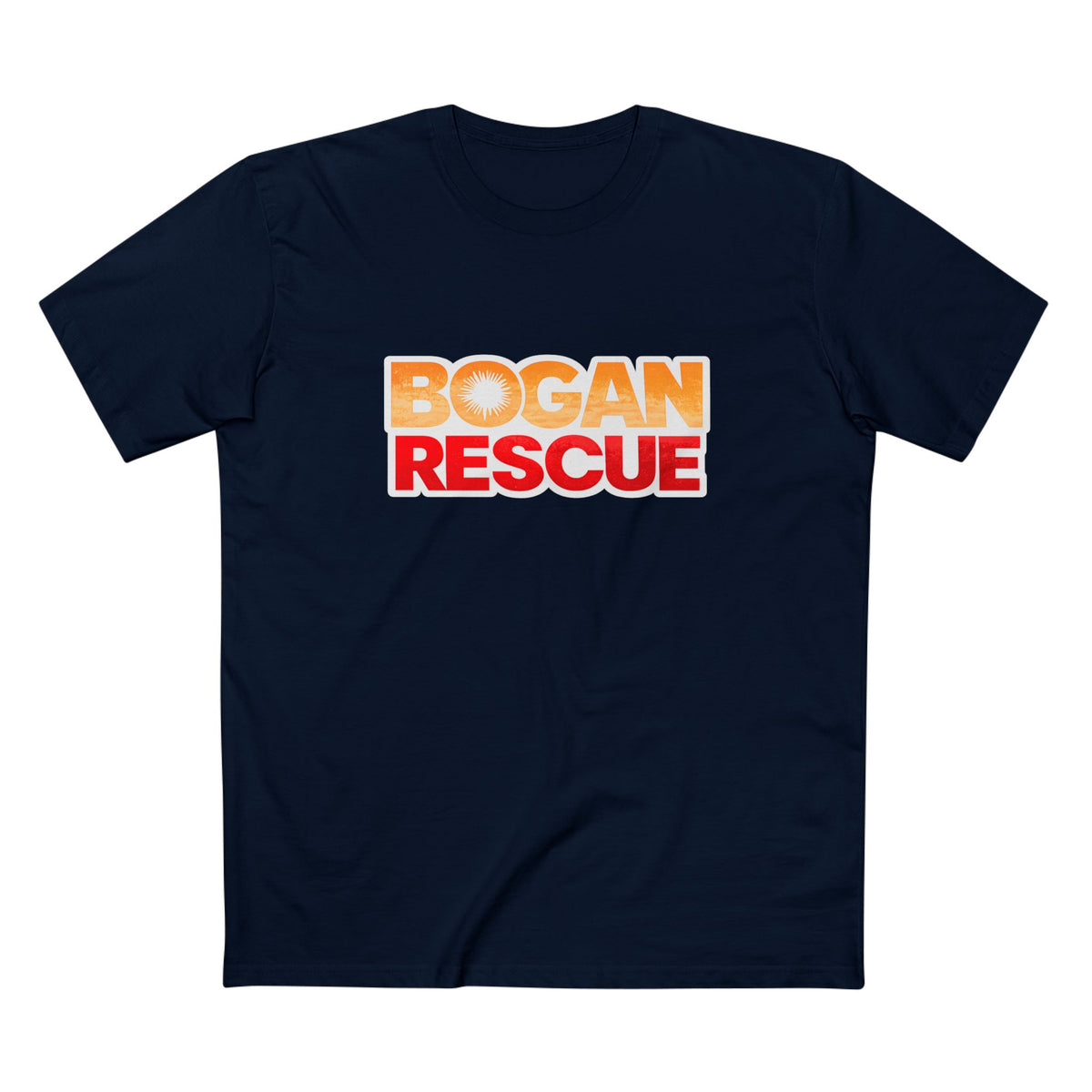 Bogan Rescue Graphic Tee — Bold Retro Text Shirt