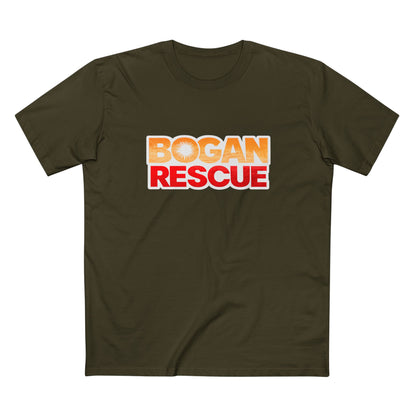 Bogan Rescue Graphic Tee — Bold Retro Text Shirt