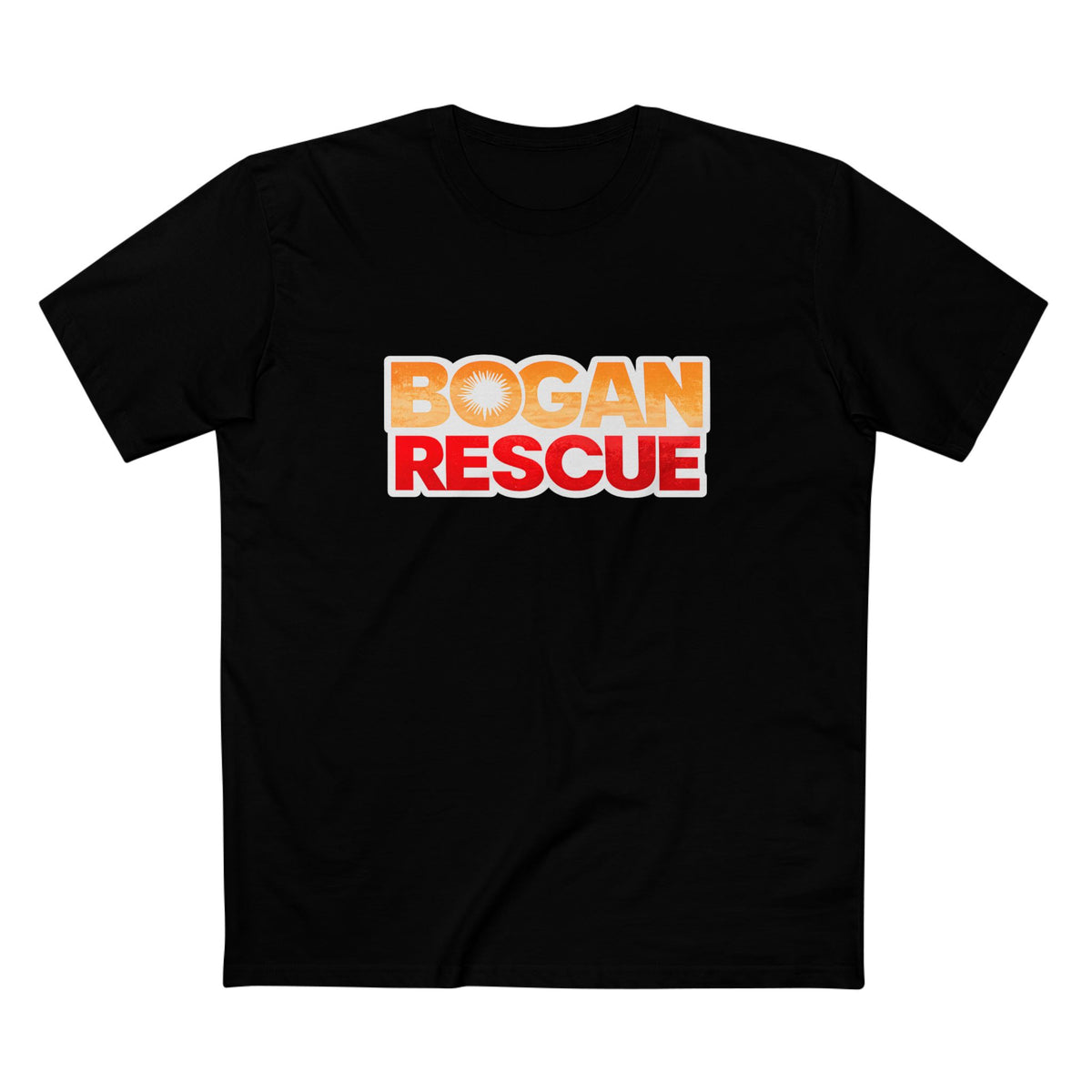 Bogan Rescue Graphic Tee — Bold Retro Text Shirt