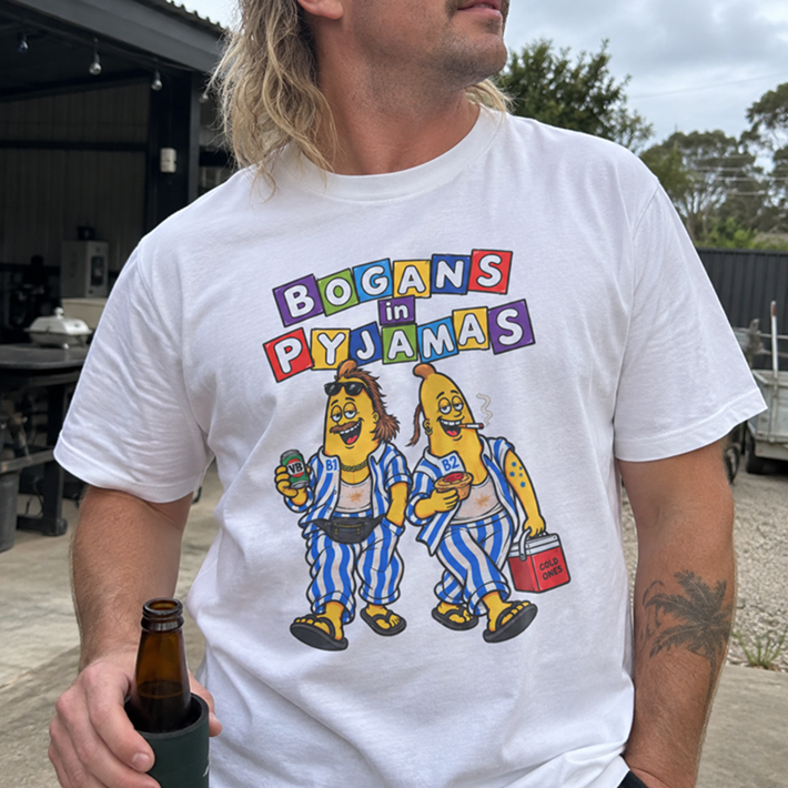 Men's tee showing two banana-shaped characters with mullets holding a meat pie and a beer