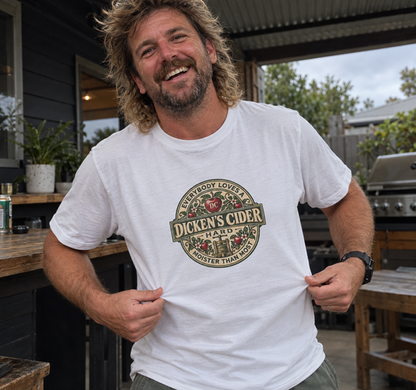 Men's tee with a vintage-style cider label reading Everybody Loves a Dicken's Cider