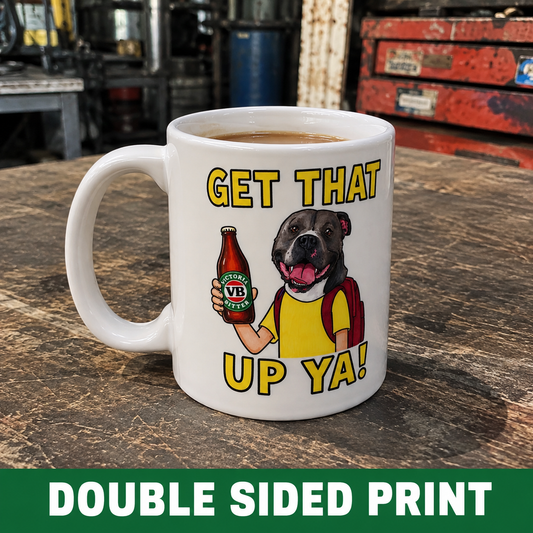 Get That Up Ya! Ceramic Coffee Mug — Funny Dog Holding VB Beer