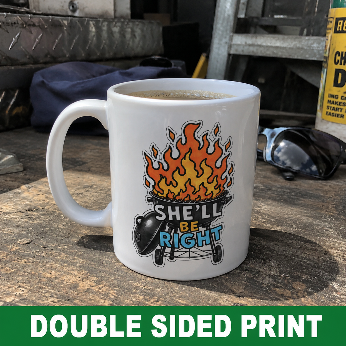 Ceramic Mug — "She'll Be Right" BBQ Grill with Flames