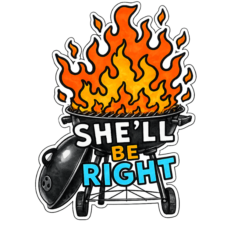 Ceramic Mug — "She'll Be Right" BBQ Grill with Flames