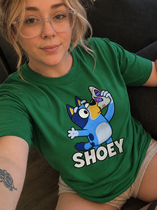 Bluey Shoey T-Shirt — Funny Cartoon Dog Drinking Tee