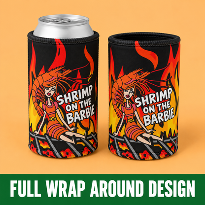 Stubby cooler printed with a shrimp sitting on a Barbie doll
